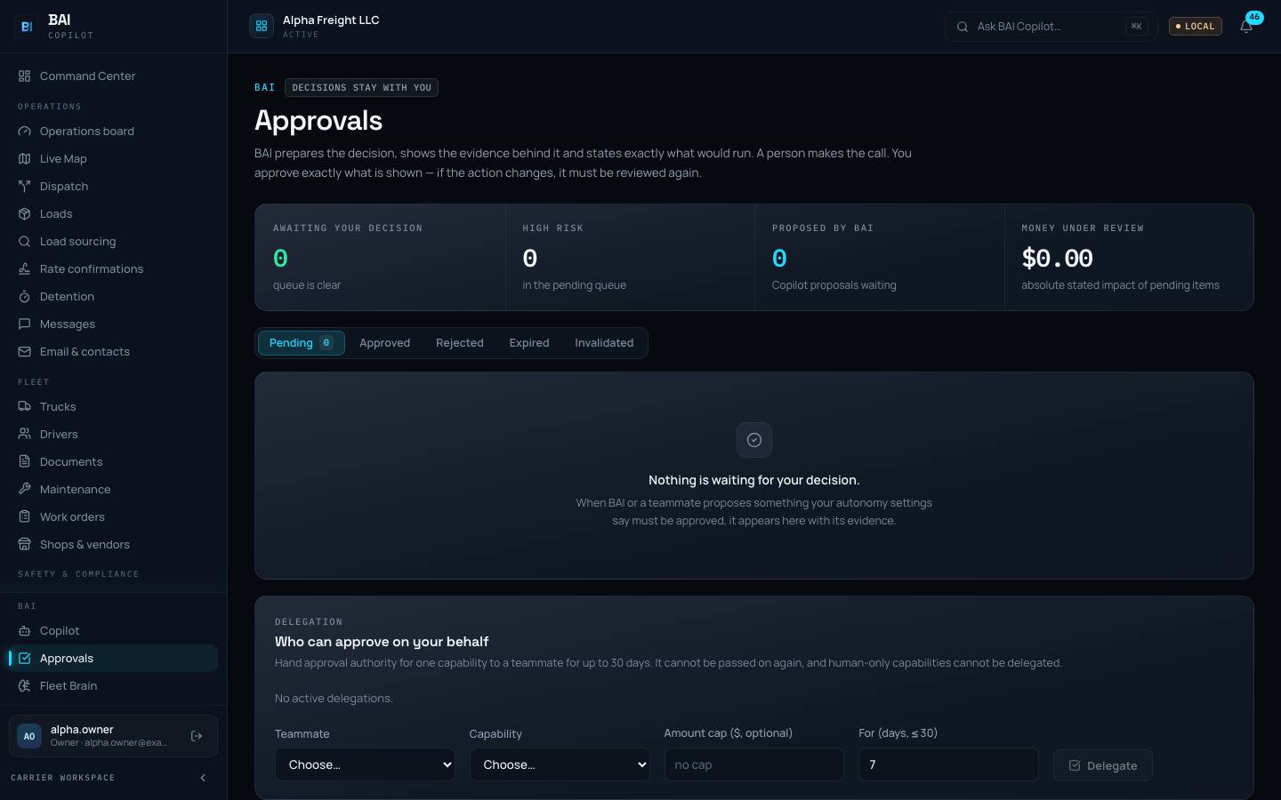 The Approvals page in BAI Copilot: tiles for decisions waiting, money under review and proposals from BAI, above an empty queue that reads “Nothing is waiting for your decision.”