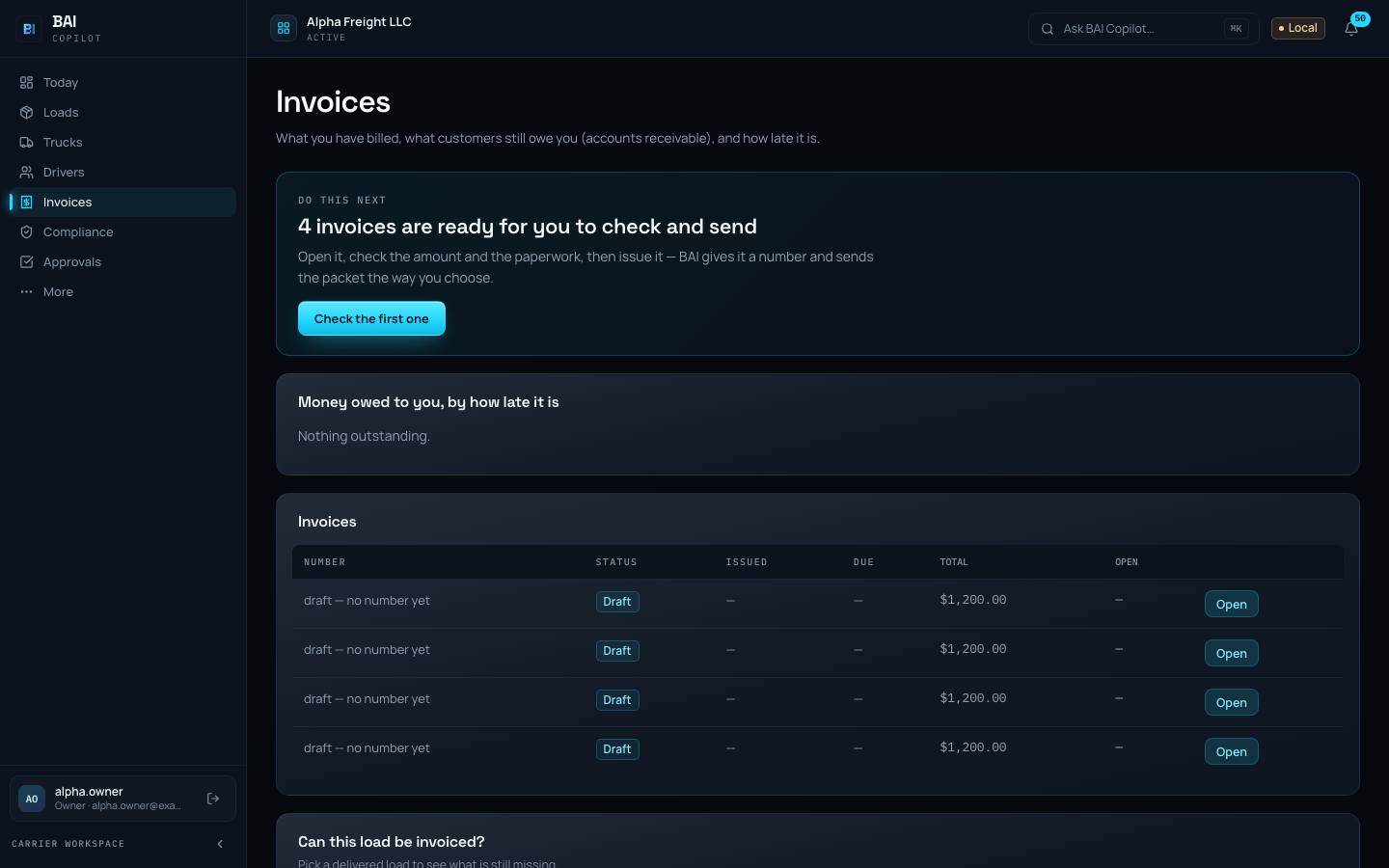The Invoices page in BAI Copilot: a “Do this next” card saying four invoices are ready to check and send, money owed by how late it is, and the list of invoices.