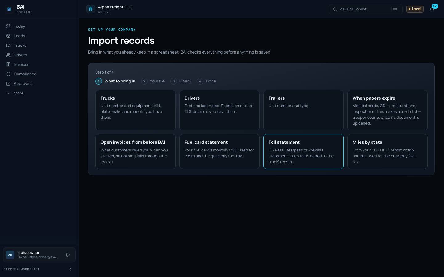 The Import records page in BAI Copilot listing what you can bring in: trucks, drivers, trailers, paper expiry dates, open invoices, fuel card and toll statements, and miles by state.