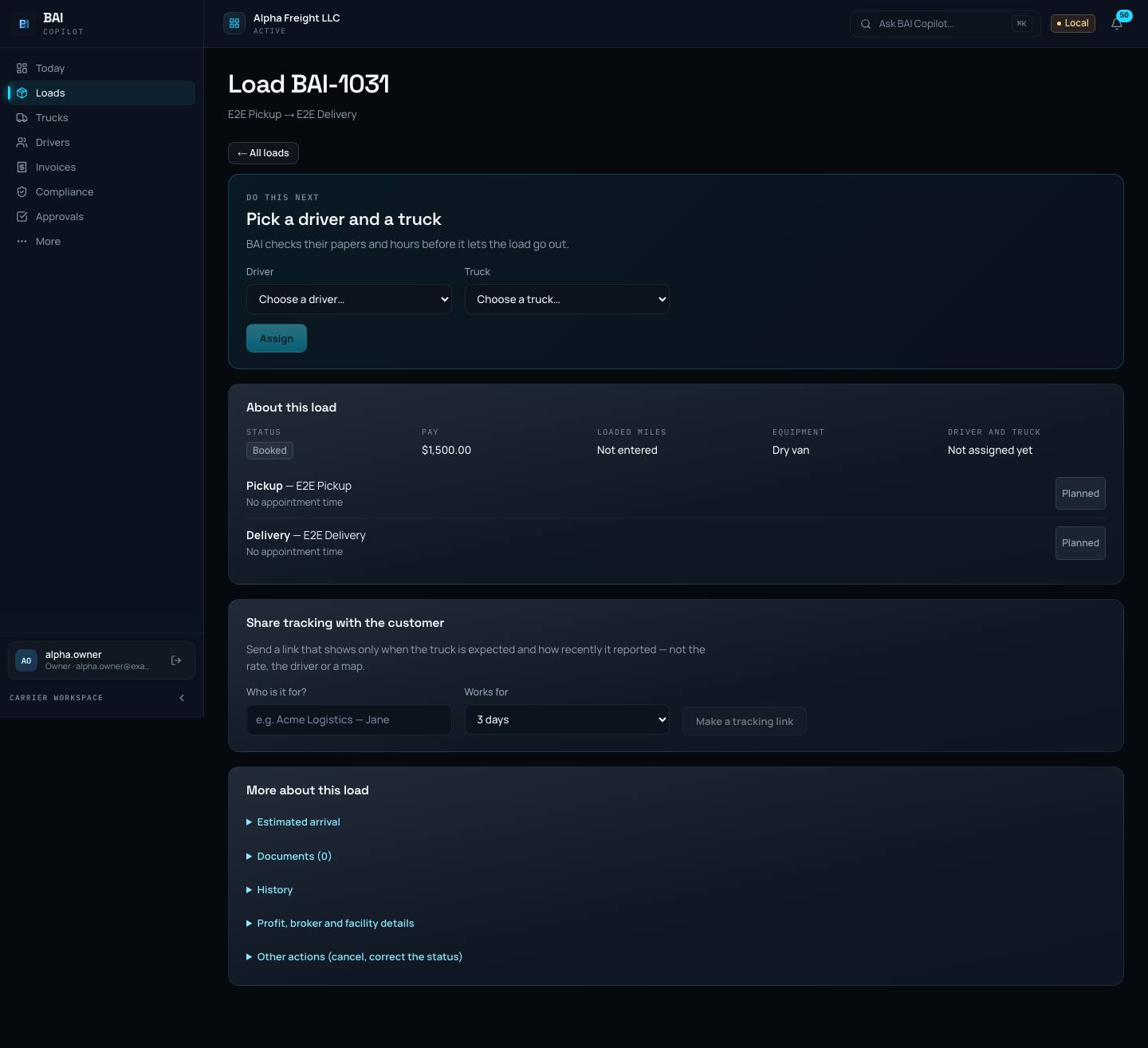A load page in BAI Copilot showing its stops and the next step to take on that load.